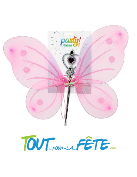Kit ailes de papillon rose + baguette de fée en forme de coeur taille unique