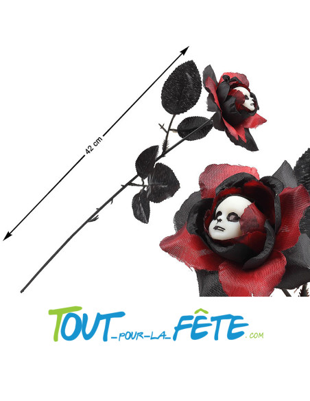 Décoration fleur artificielle d'Halloween rouge et noir avec tête 42cm