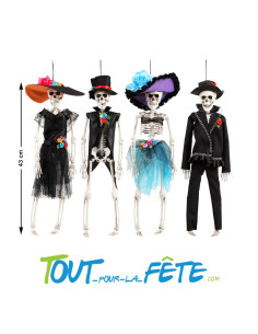 Squelette a suspendre day of the dead 43 cm robe bleu avec chapeau violet 2