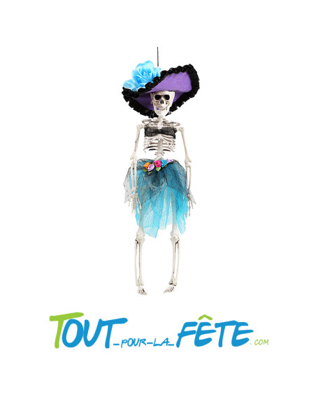 Squelette a suspendre day of the dead 43 cm robe bleu avec chapeau violet