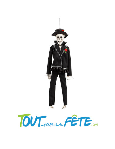 Squelette a suspendre day of the dead 43 cm noir avec rose rouge