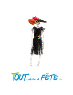 Squelette a suspendre day of the dead 43 cm robe noir avec chapeau orange