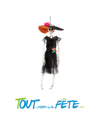Squelette a suspendre day of the dead 43 cm robe noir avec chapeau orange