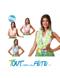 Collier de fleurs Hawaïen / Tahiti avec fleur tropical coloré ( rose - orange - blanc - bleu )