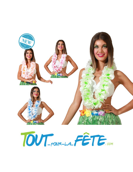 Collier de fleurs Hawaïen / Tahiti avec fleur tropical coloré ( rose - orange - blanc - bleu )
