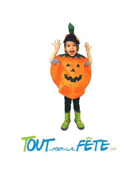 Déguisement de citrouille sans manche. Col vert dentelé Chapeau avec attache élastique orné de feuilles vertes