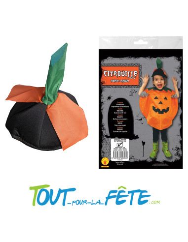 Déguisement de citrouille sans manche. Col vert dentelé Chapeau avec attache élastique orné de feuilles vertes
