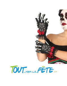 Paire de gants avec fleur rouge day of the dead / dia de muertos