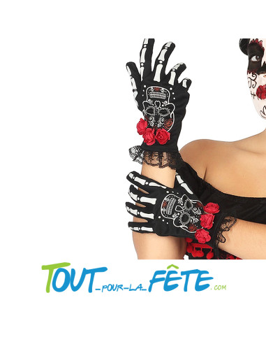 Paire de gants avec fleur rouge day of the dead / dia de muertos