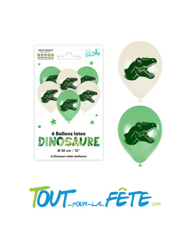 Sachet de 6 ballons en latex dinosaure 30 cm compatible air / hélium