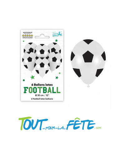Sachet de 6 ballons en latex foot noir et blanc 30 cm air / hélium