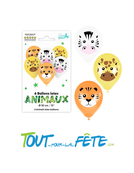 Sachet de 6 ballons en latex assortie Animaux 30 cm compatible air / hélium