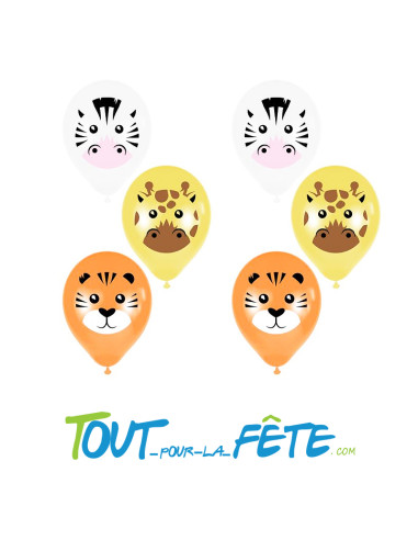 Sachet de 6 ballons en latex assortie Animaux 30 cm compatible air / hélium