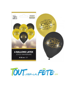 6 ballons en latex Joyeux anniversaire or et noir 30 cm air / hélium