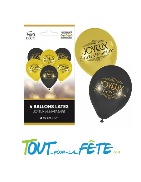6 ballons en latex Joyeux anniversaire or et noir 30 cm air / hélium