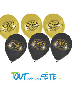 6 ballons en latex Joyeux anniversaire or et noir 30 cm air / hélium 2