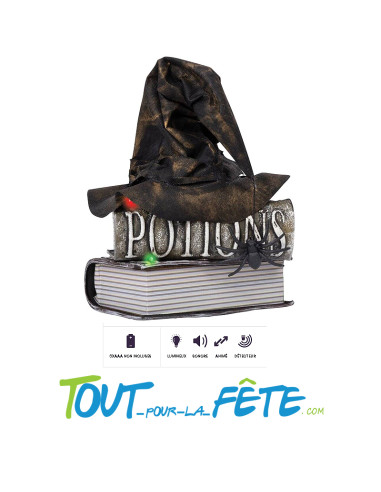 Chapeau de sorcière bavard animé, sonore, lumineux 30 cm