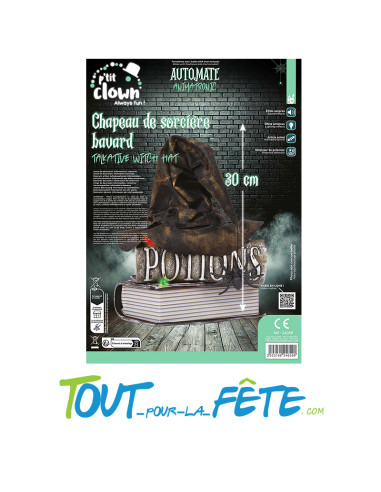 Chapeau de sorcière bavard animé, sonore, lumineux 30 cm