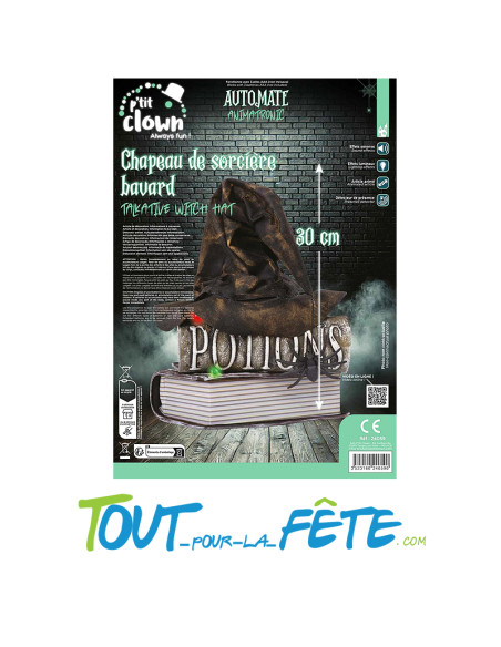 Chapeau de sorcière bavard animé, sonore, lumineux 30 cm