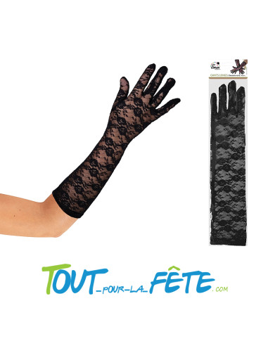 Paire de long gants noirs en dentelle taille unique pour adulte 40cm environ