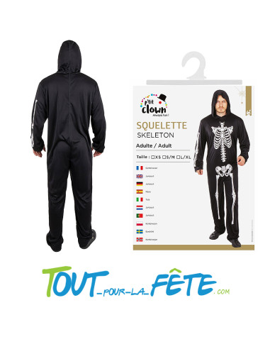 Costume combinaison squelette taille adulte avec capuche mixte