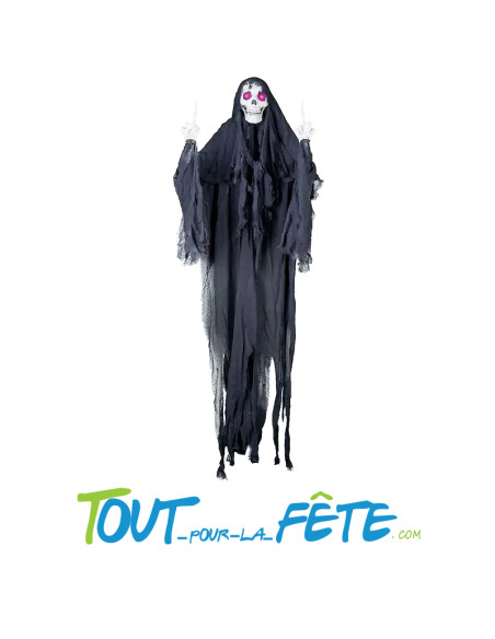 Suspension d'horreur squelette avec doigts d'honneur "fuck" yeux lumineux taille 1.70m