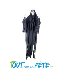 Suspension d'horreur squelette avec doigts d'honneur "fuck" yeux lumineux taille 1.70m 2
