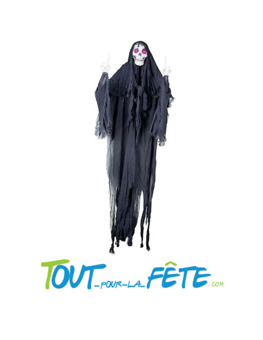 Suspension d'horreur squelette avec doigts d'honneur "fuck" yeux lumineux taille 1.70m