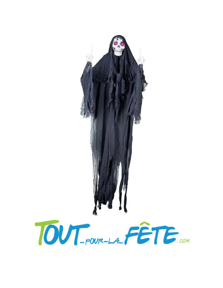 Suspension d'horreur squelette avec doigts d'honneur "fuck" yeux lumineux taille 1.70m