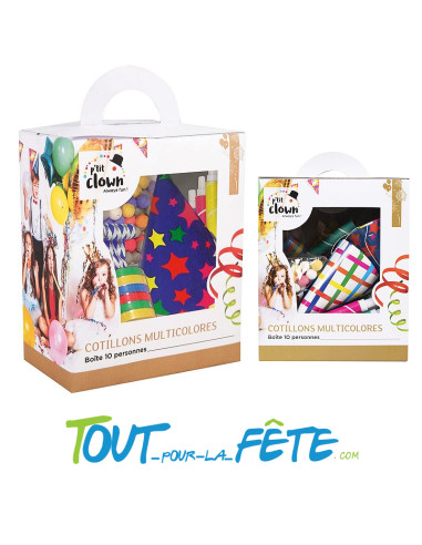 Boite cotillons 10 personne (sarbacane, chapeau, sans-gène, serpentin, boules)