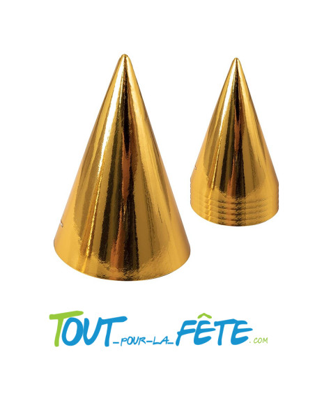 Chapeau de fête cône carton - h. 16 cm - sachet de 6 - couleur or