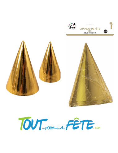Chapeau de fête cône carton - h. 16 cm - sachet de 6 - couleur or