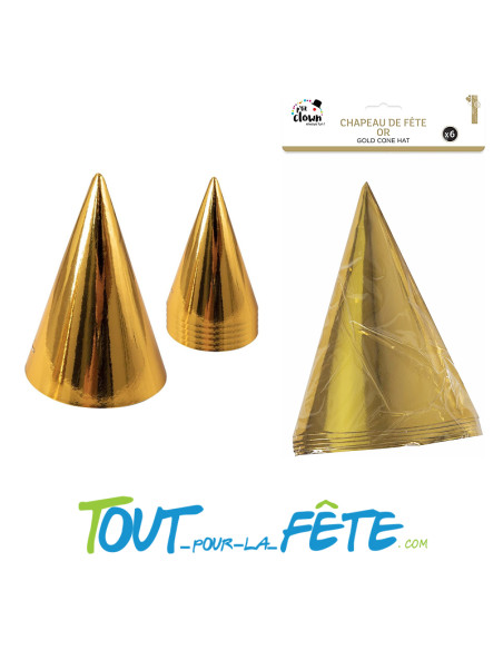 Chapeau de fête cône carton - h. 16 cm - sachet de 6 - couleur or
