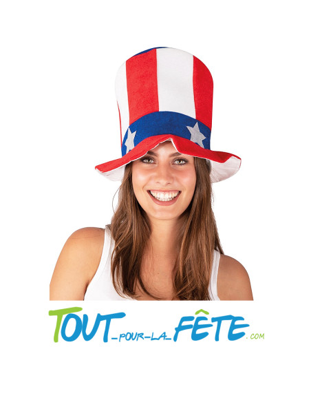 Chapeau haut de forme en peluche USA / américain bleu, rouge, blanc adulte