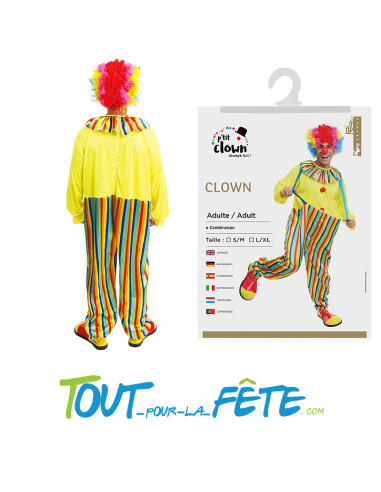 Déguisement de clown multicolore pour adulte ( combinaison rayé avec collerette assortie )
