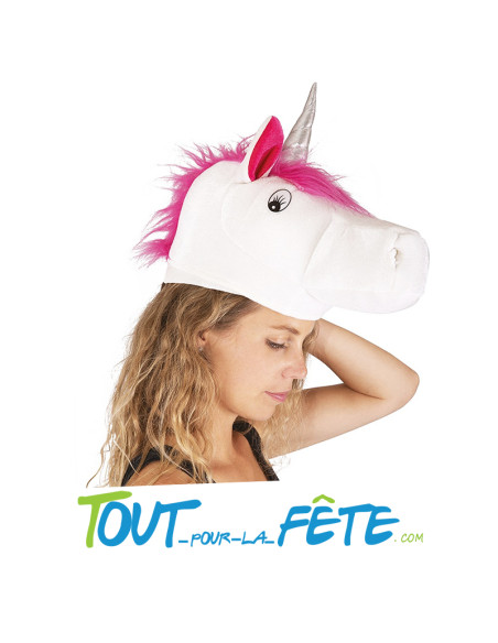 Chapeau licorne taille unique pour adulte blanc et rose avec corne argenté