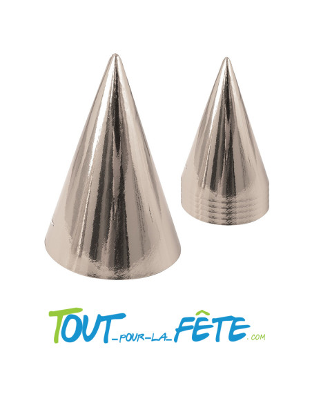 Chapeau de fête pointu cône en carton - h. 16 cm - sachet de 6 - argent