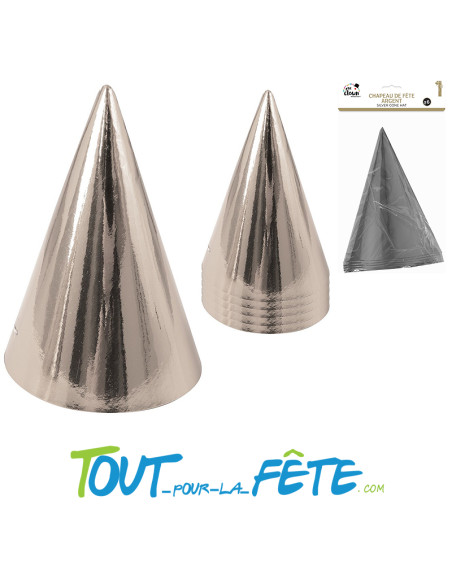 Chapeau de fête pointu cône en carton - h. 16 cm - sachet de 6 - argent