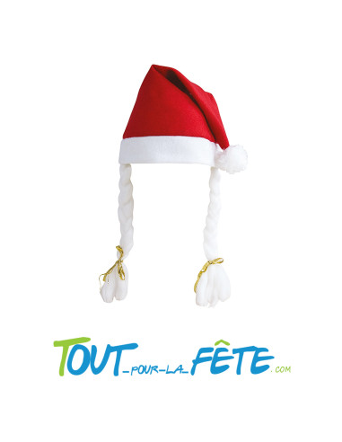 Bonnet / chapeau de mère Noel rouge et blanc avec 2 longues tresses