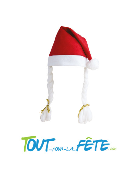 Bonnet / chapeau de mère Noel rouge et blanc avec 2 longues tresses