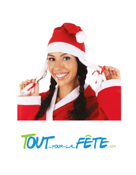 Bonnet / chapeau de mère Noel rouge et blanc avec 2 longues tresses