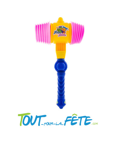 Marteau de clown bleu, jaune, rose avec ressort couineur 33 cm