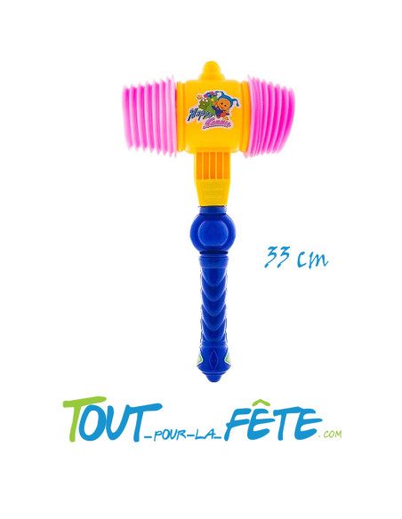 Marteau de clown bleu, jaune, rose avec ressort couineur 33 cm