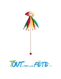 bâton clown en bois avec grelots 45cm vert, jaune, rouge thème cirque