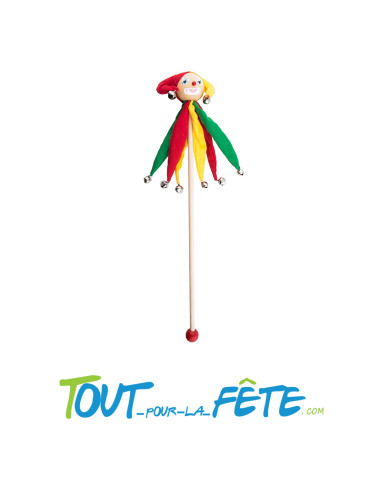 bâton clown en bois avec grelots 45cm vert, jaune, rouge thème cirque