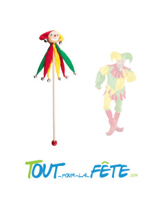 bâton clown en bois avec grelots 45cm vert, jaune, rouge thème cirque 2