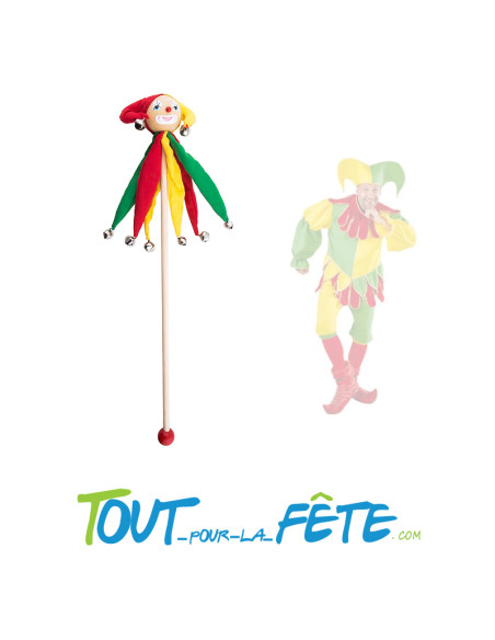 bâton clown en bois avec grelots 45cm vert, jaune, rouge thème cirque