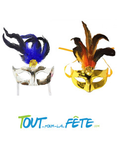 masque / loup argenté avec plume noir et violet / or avec plume noir et orange