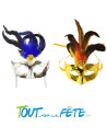 masque / loup argenté avec plume noir et violet / or avec plume noir et orange
