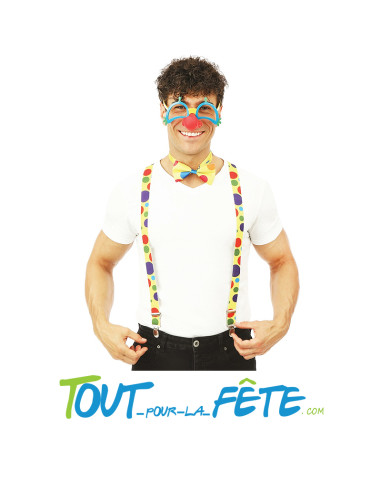 Set de clown multicolore pour adulte taille unique( lunettes, bretelles, noeud de papillon)